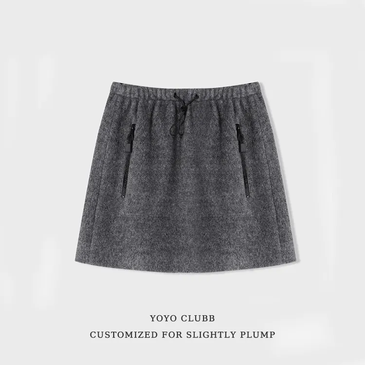 YOYO家【暖冬漫步】羊毛修饰拉长比例半身短裙半身裙拉链口袋松紧腰