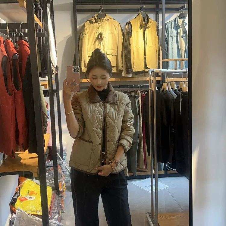 女士秋冬拼接翻领小香风宽松百搭菱形格保暖棉服外套