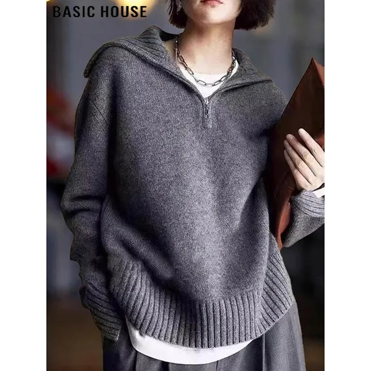 Basic House/百家好半拉链灰色针织衫女秋季内搭慵懒宽松翻领毛衣
