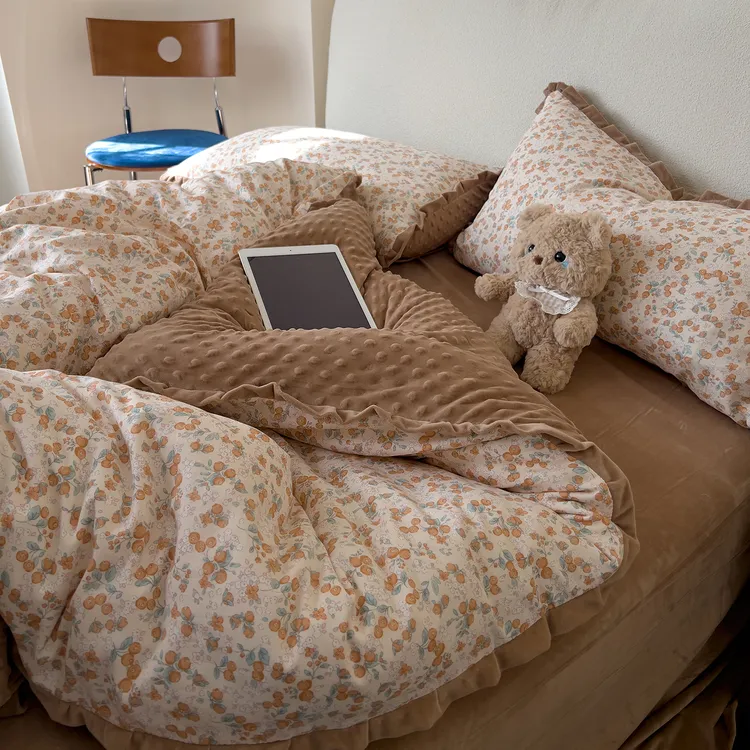 花边款棉加绒四件套A版纯棉双层纱B版加厚宝宝绒冬季保暖套件