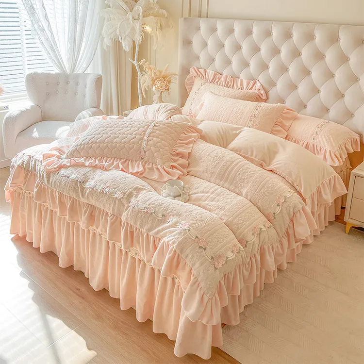 公主风保暖牛奶绒夹棉床盖款四件套冬季加厚双面加绒被套床裙床单