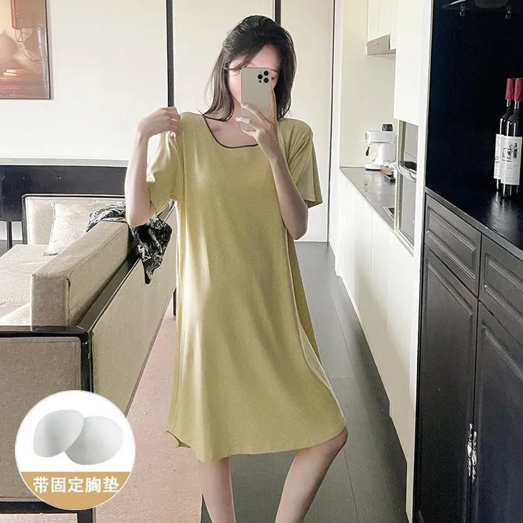 GPSUNLU韩版睡裙少女风夏季2025新款短袖带胸垫休闲睡衣家居裙子