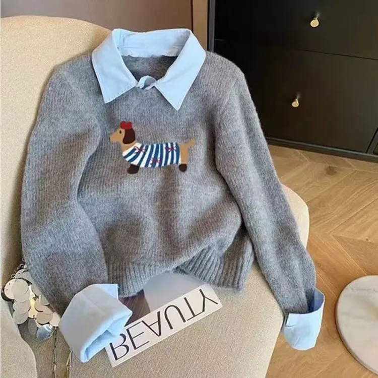 13少女生小狗卡通软糯翻领针织衫14女大童15中学生秋冬内搭毛衣