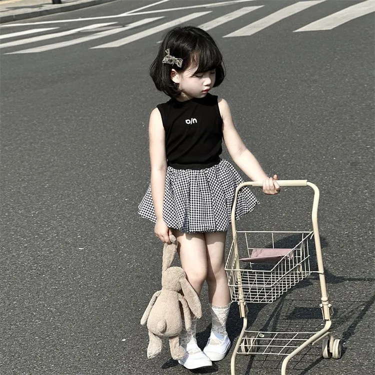 女童夏季套装2025新款女童百搭纯棉背心格子云朵蓬蓬裙裤套装