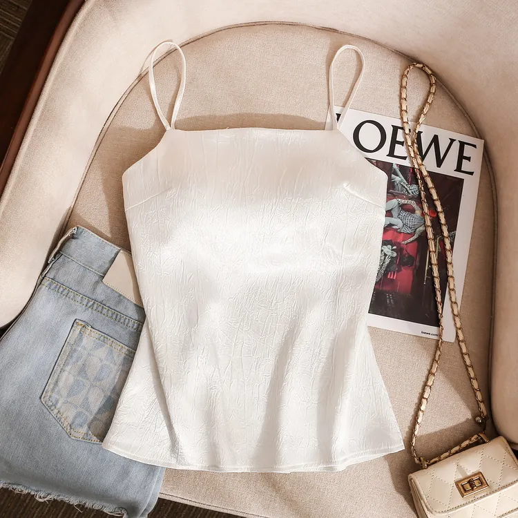 新中式白色醋酸缎面国风吊带内搭女夏季新款带胸垫无袖露肩上衣