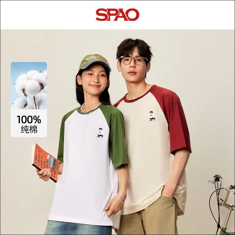 SPAO韩国同款小熊印花纯棉短袖2025新品情侣装插肩美式宽松T恤YYC