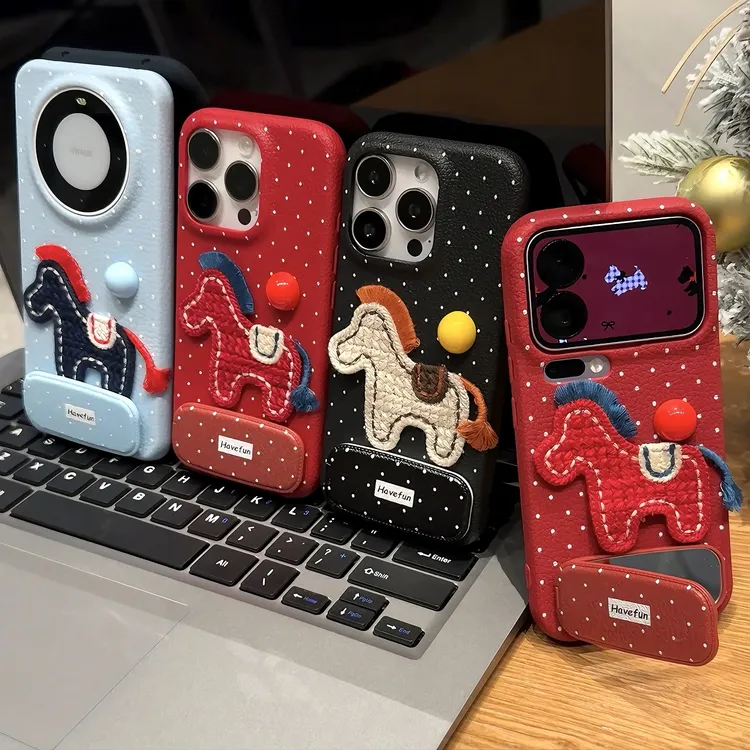 简约波点刺绣小马支架适用苹果17/16手机壳华为oppo小米15vivo套