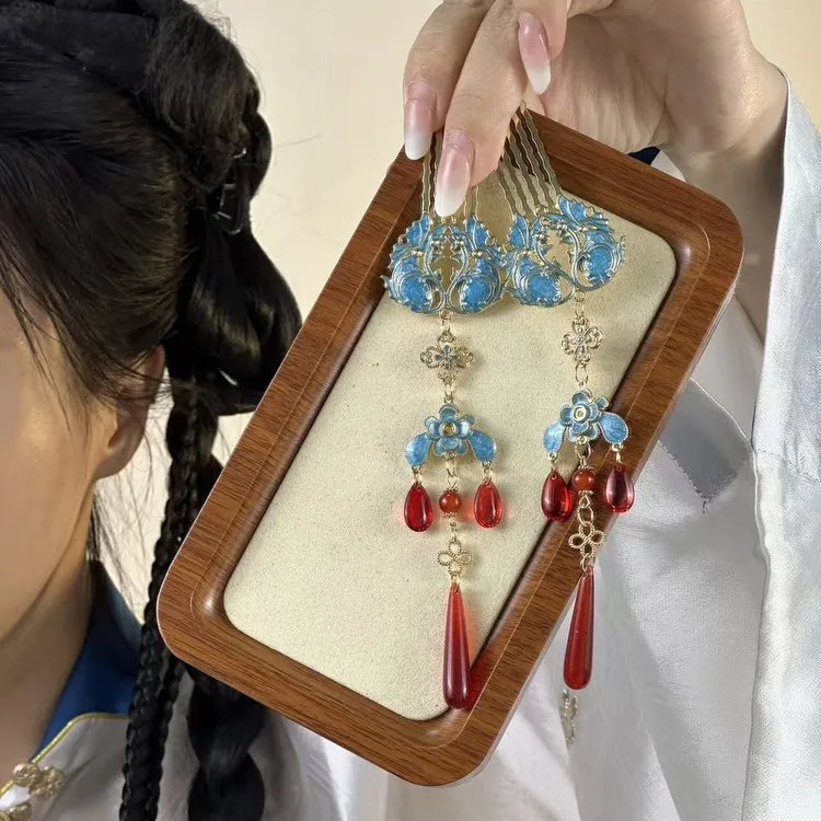 红水滴烧蓝对钗汉服古风配饰发饰
