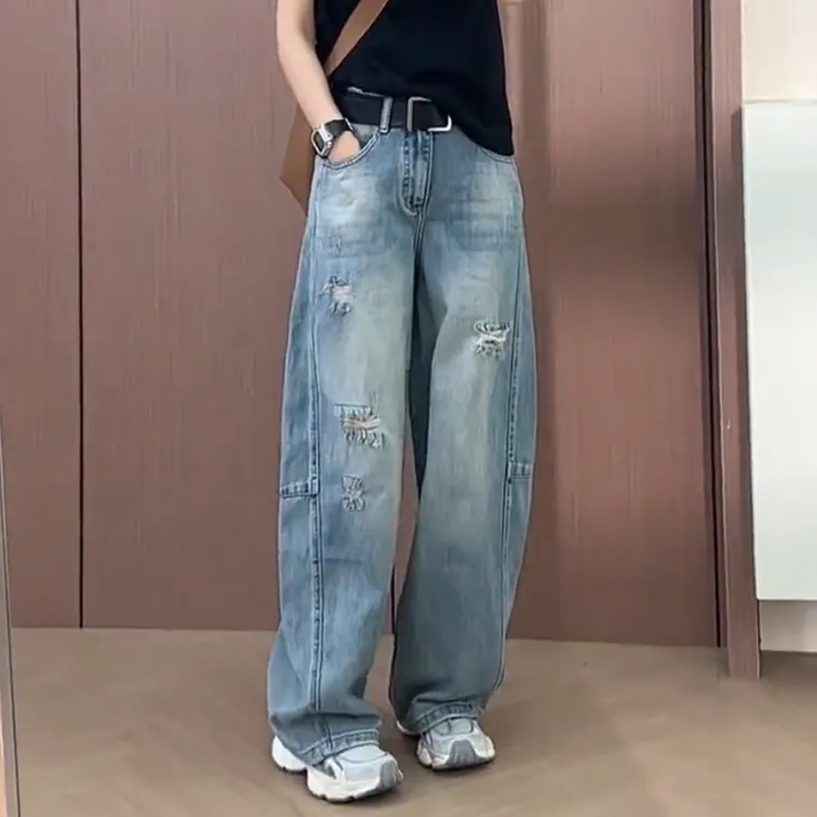 破洞牛仔裤女遮胯阔腿裤夏大码哈伦裤梨型身材高腰显瘦拖地香蕉裤