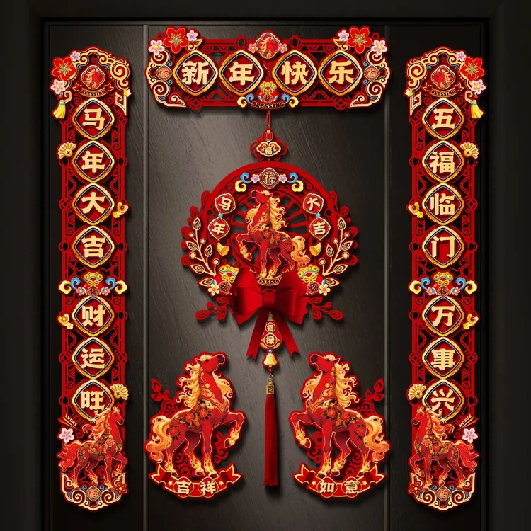 马年立体植绒春联新年磁吸对联2026新款春节装饰家用福字入户门贴