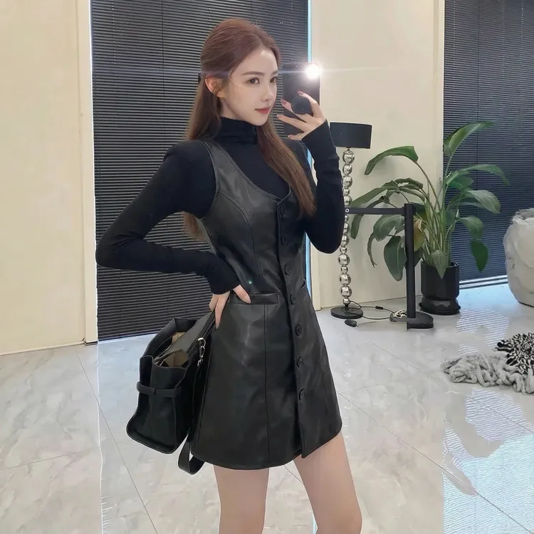 秋季韩系PU皮吊带连衣裙女小个子显瘦时尚百搭黑色短裙