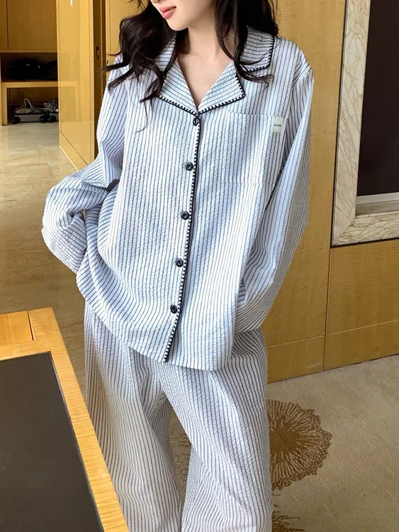 2025秋冬睡衣女韩版条纹蕾丝边春秋长袖长裤舒适家居服套装可外穿