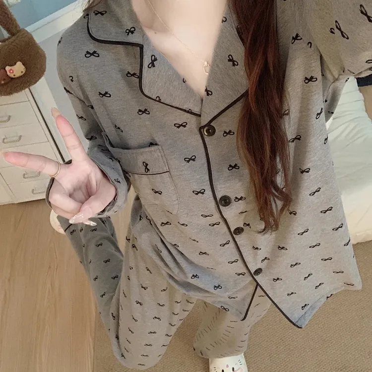 韩系纯棉睡衣女春秋季新款长袖甜美蝴蝶结慵懒风秋冬天家居服套装