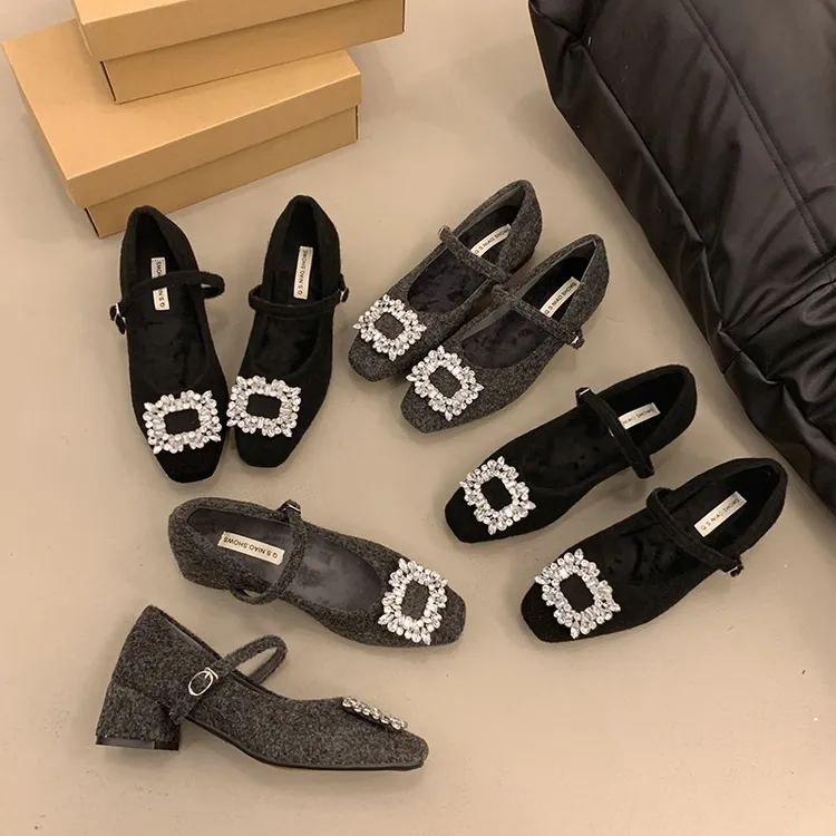 单鞋方头玛丽珍鞋水钻女鞋法式复古跟鞋豆豆鞋瓢鞋小香风平底