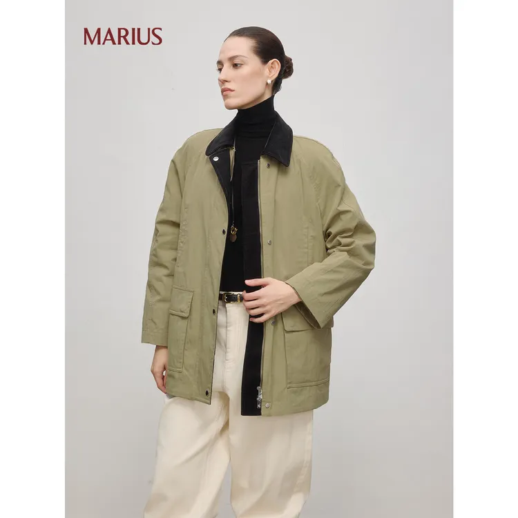 MARIUS"双面杰克"白灯芯绒拼接可拆卸猎装夹克羽绒服