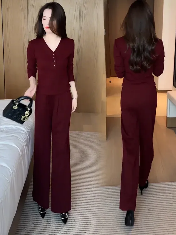 时尚套装女2025秋季新款洋气质显瘦减龄长袖上衣阔腿裤休闲两件套