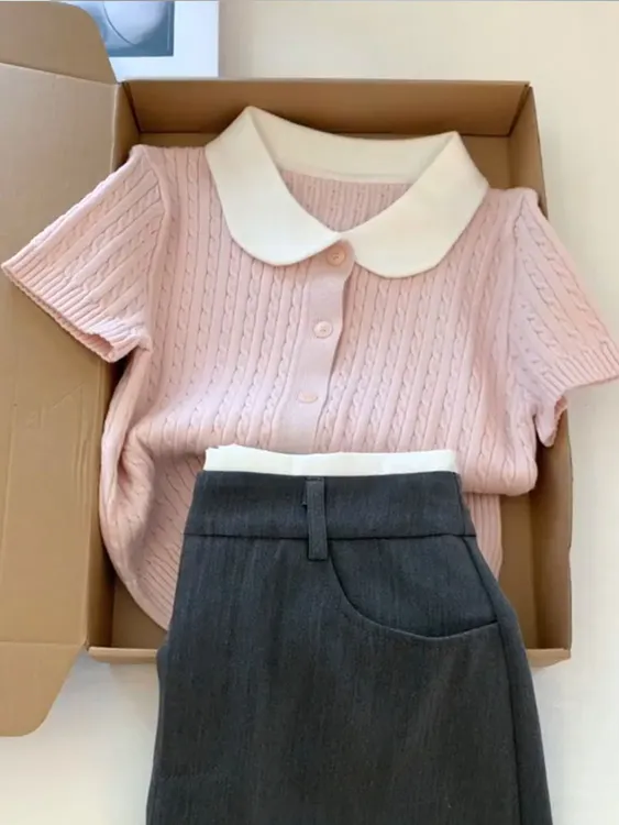 粉色修身短袖正肩t恤女小个子短款显瘦上衣polo娃娃领冰丝针织衫