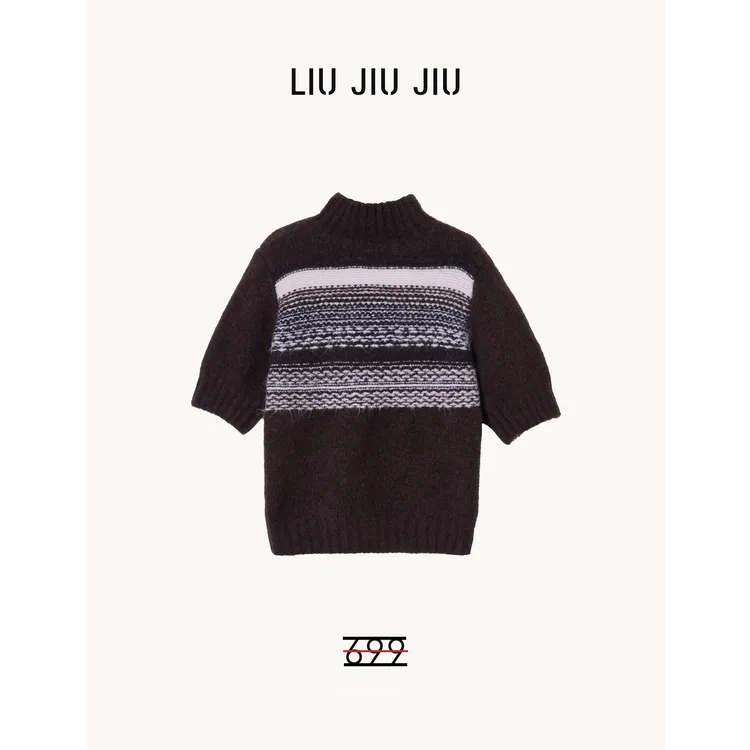 LIUJIUJIU 韩系复古半高领时尚针织撞色设计感半袖毛衣MY5594L