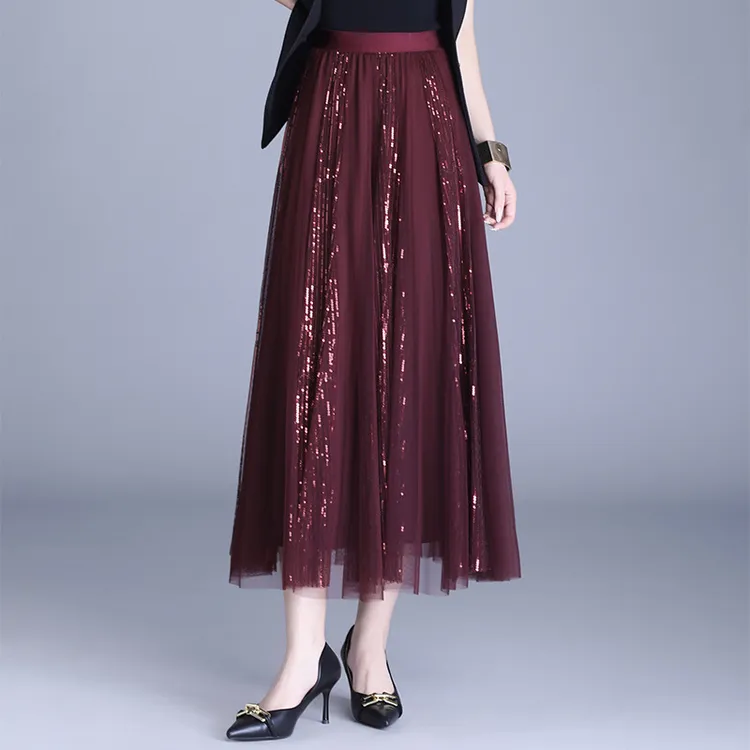 重工亮片网纱时尚优雅中长款半身裙女2025春季新款高腰显瘦a字裙