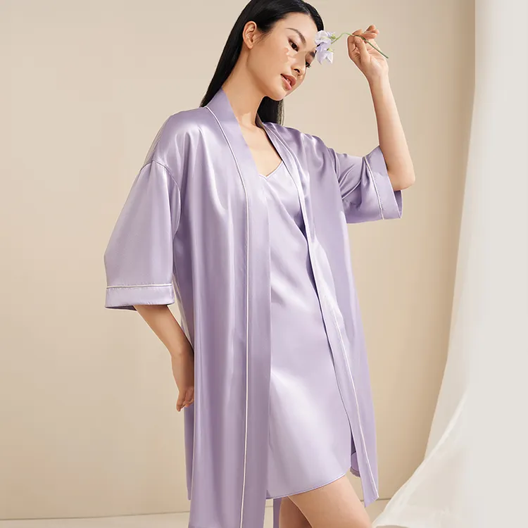 【金三塔官方】100真丝凉滑睡袍宽松中袖春夏单袍女士桑蚕丝家居服