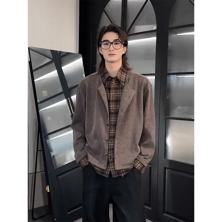 美拉德咖色外套男秋季美式慵懒风叠穿上衣cleanfit老钱风开衫夹克
