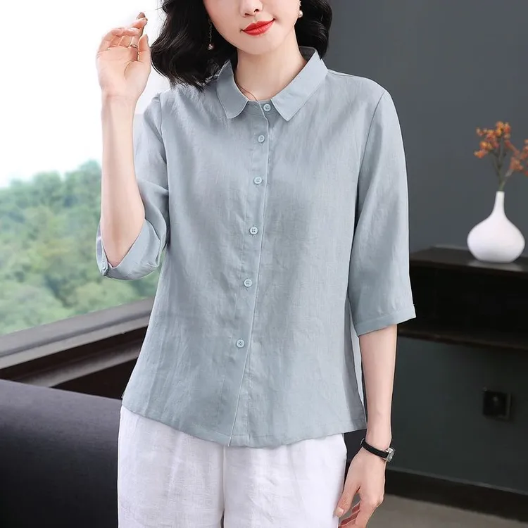 五分袖棉麻翻领衬衫女夏季凉爽纯色洋气减龄宽松上衣时尚休闲上衣
