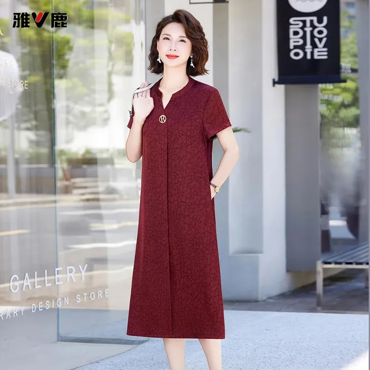 雅鹿优选2025新款妈妈夏装高贵气质减龄短袖洋装女中老年遮肚显瘦