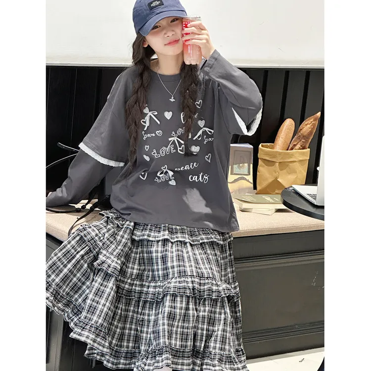K29874孙小美假两件女童长袖T恤2025秋新款儿童上衣打底衫春秋潮