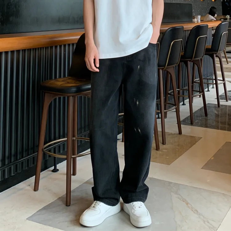 柏堡里新款纯棉牛仔款显瘦百搭泼墨美式直筒宽松休闲男士简约裤子