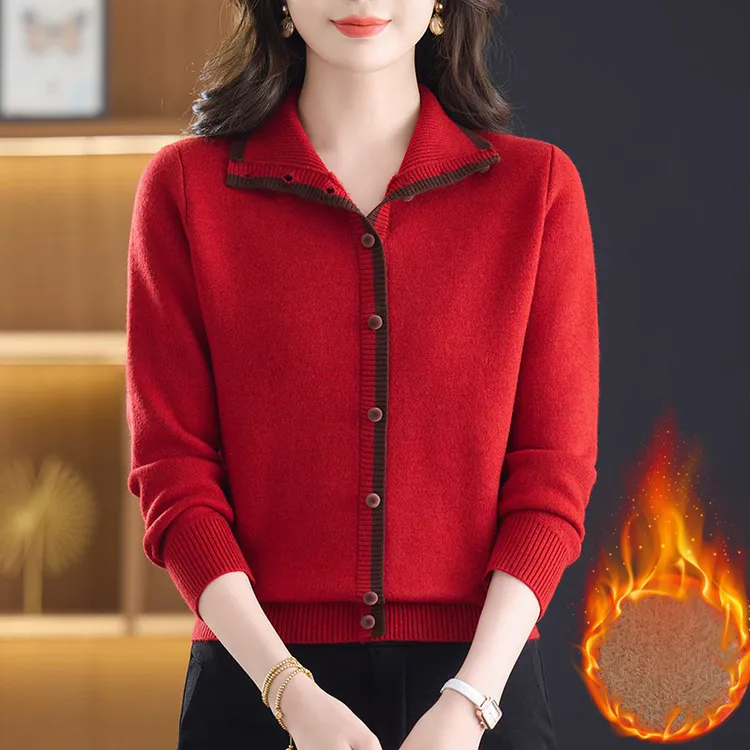 加绒加厚大红色毛衣女士秋冬2026新款本命年衣服一体绒针织打底衫