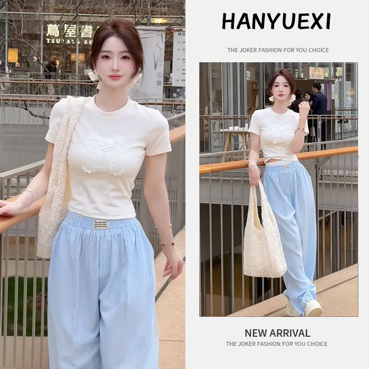 夏季时尚一整套女装2025新款韩版收腰蝴蝶结短袖T恤休闲裤两件套