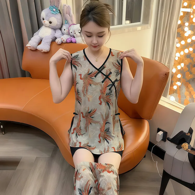夏季薄款睡衣女民族风时尚印花无袖吊带短裤舒适透气家居服套装