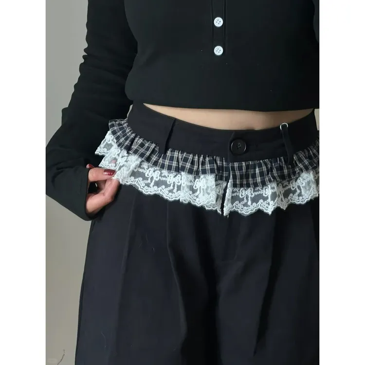 韩系少女格子蕾丝花边夏季小众休闲裤复古嘻哈宽松高腰阔腿拖地裤
