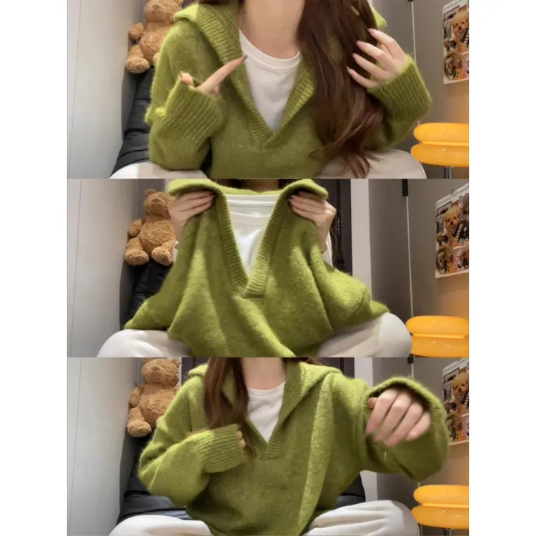 韩系绿色V领短款毛衣女秋冬季高级感气质软糯慵懒风翻领针织上衣