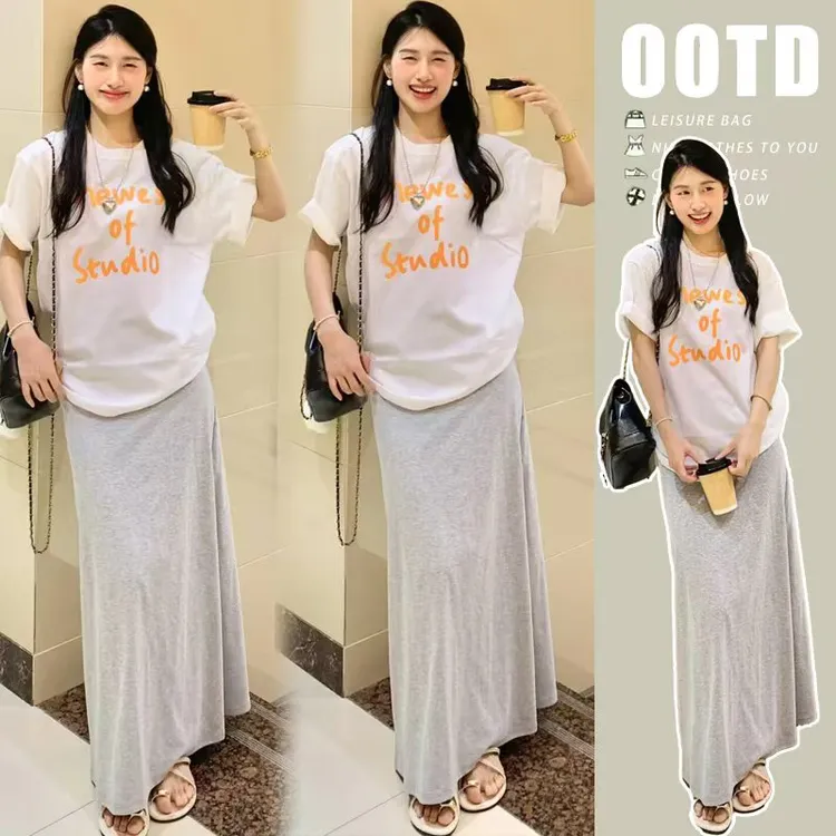 孕妇夏季套装慵懒风松弛时尚气质设计感印花T恤上衣半身裙两件套