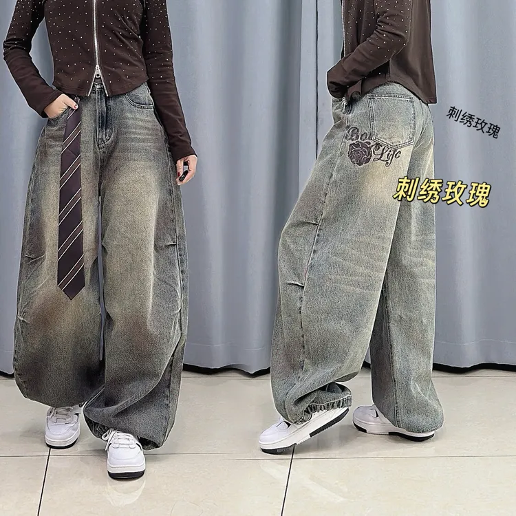 8080【达人专属】街舞潮牌复古辣妹牛仔长裤街头设计感潮酷帅长裤