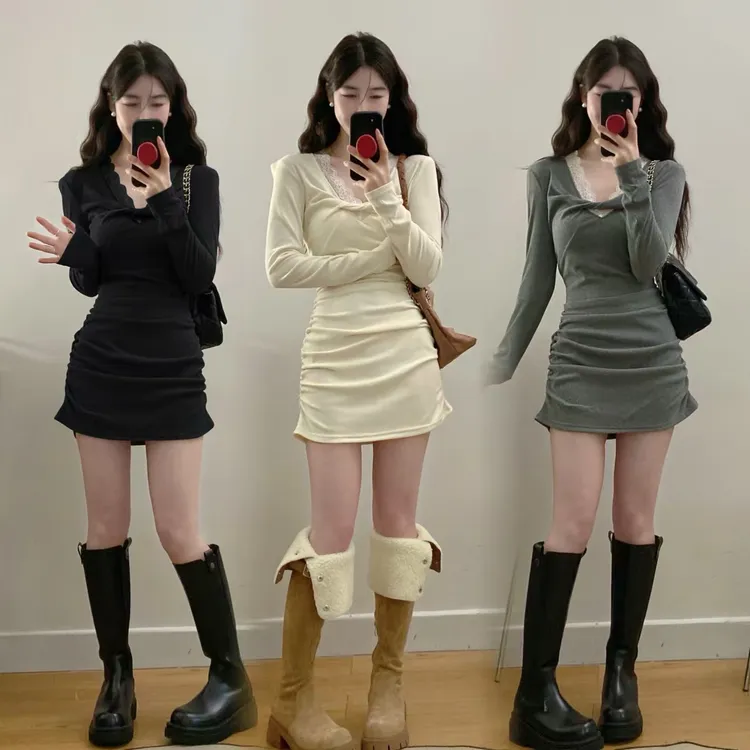 大码纯欲辣妹蕾丝拼接v领扭结长袖连衣裙女修身包臀打底洋气短裙