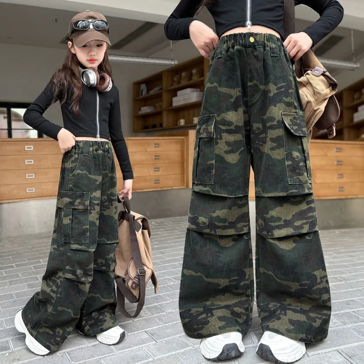 女童迷彩工装裤秋2025新款儿童潮酷裤子女孩大童阔腿牛仔裤初中生
