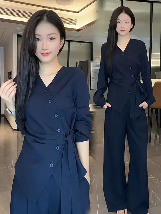时尚套装女2025秋季新款百搭V领斜扣系带衬衣阔腿裤设计感两件套