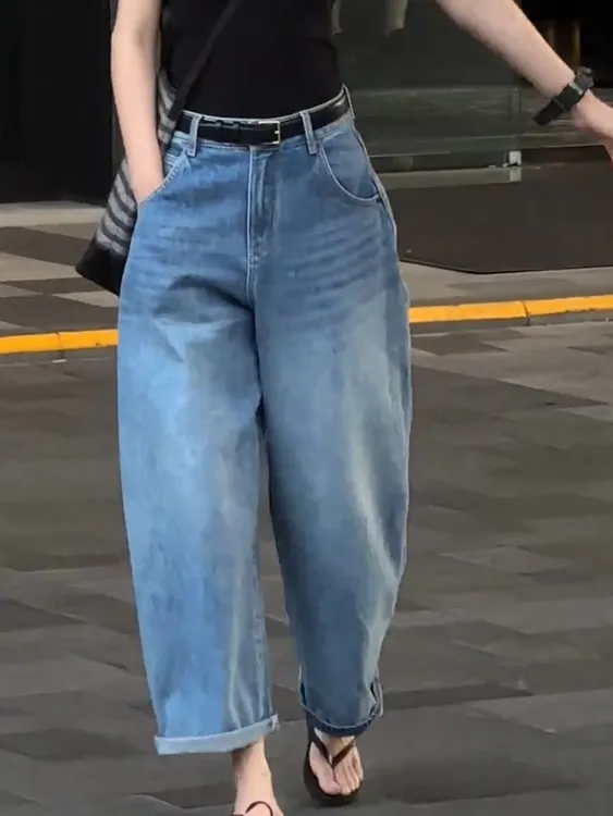 水洗蓝牛仔裤女秋季大码女装百搭显瘦高腰弯刀阔腿裤