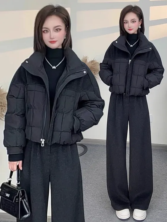 时尚套装女2025冬季新款洋气宽松显瘦拼接棉服外套阔腿裤两件套潮