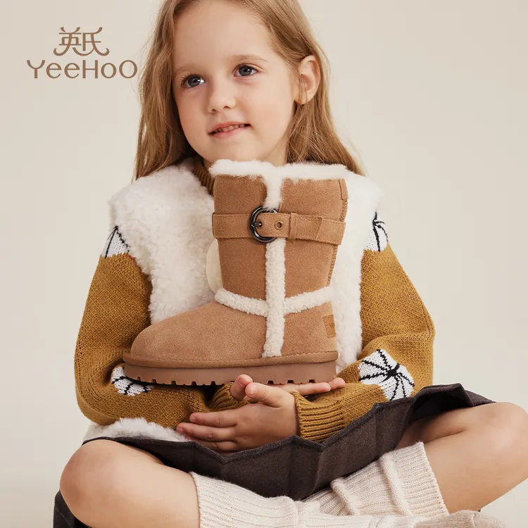 英氏女童高筒雪地靴防滑冬季新款儿童加绒保暖棉鞋厚底女宝宝棉靴