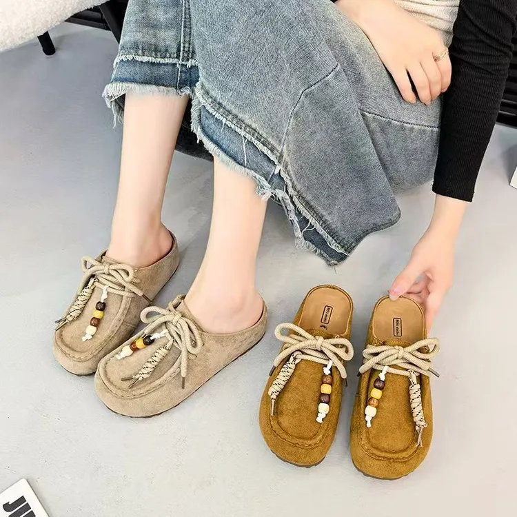 2025TYY秋季新款串珠包头半拖鞋女休闲百搭配裙子袋鼠鞋