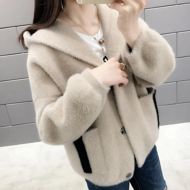 格子百搭拼接女秋季连帽短外套女士洋气开衫针织女装
