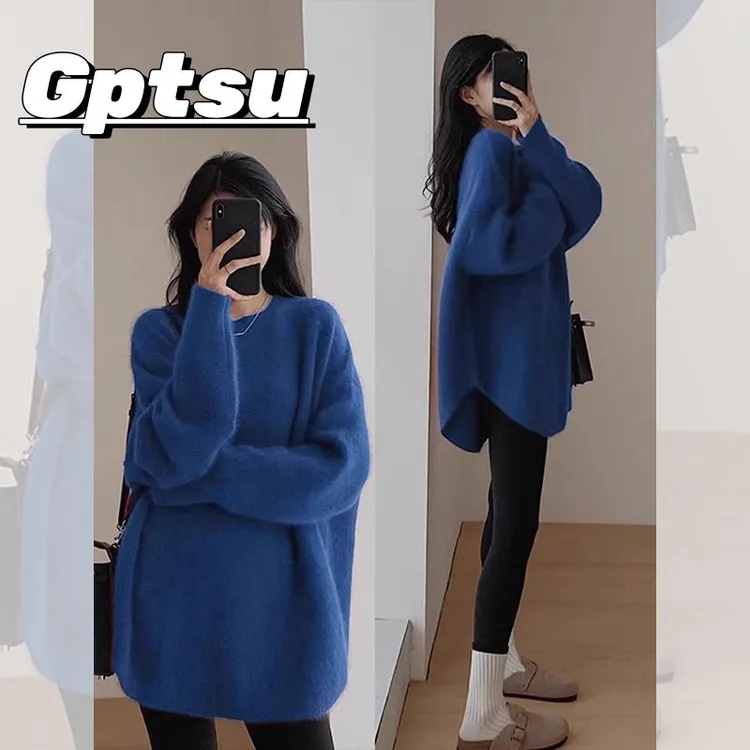 GPTSu克莱因蓝套头毛衣女士冬季软糯慵懒中长款遮屁股针织衫上衣