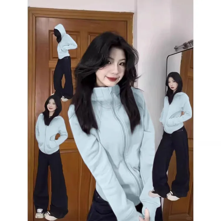 修身连帽外套拉链开衫奶蓝色女款上衣运动穿搭修身卫衣外套显瘦