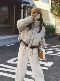 7445 GY短款女连帽撞色时尚洋气加厚保暖外套