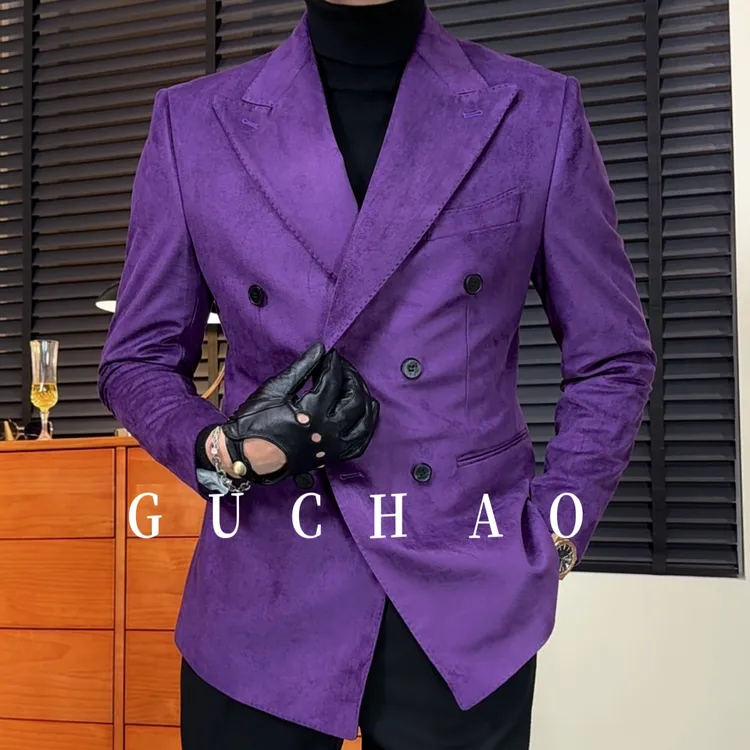 【Gc-古潮】--意式复古麂皮绒双排扣男士枪驳领西装-外套