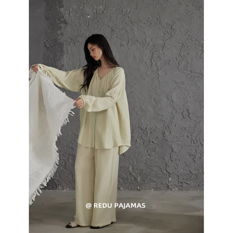 热妒睡衣女春秋季纯棉纱布长袖带胸垫简约纯色开衫家居服套装