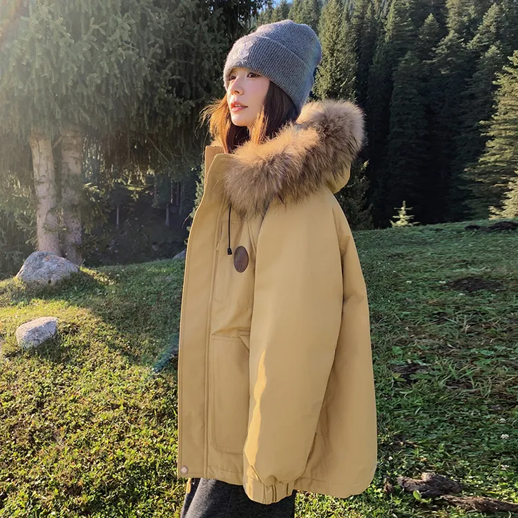 黄色工装羽绒服女款2025冬季新款90白鸭绒冲锋衣工装派克外套